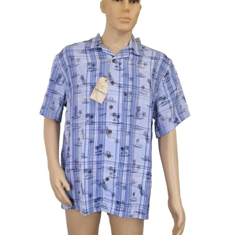 Caribbean Men's Shirt Size L Pineapple Flamingos Short Sleeve Blue Button Up 36